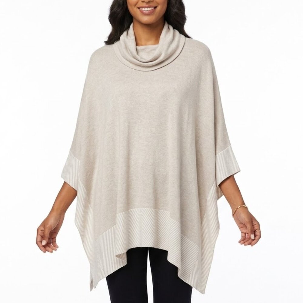 NWT Chico’s Paula Cowl Neck Poncho Stripe Border Contemporary Taupe Size L/XL